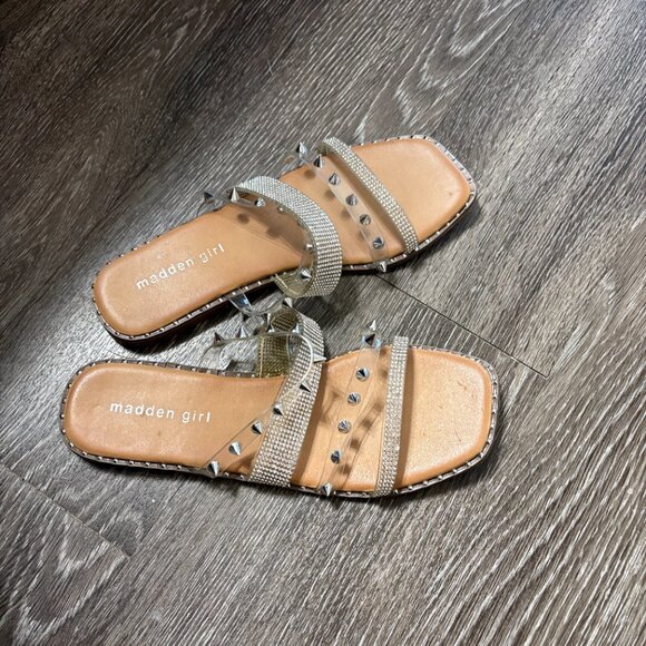 Madden Girl Studded Rhinestone Slide Sandals Silver Clear Straps Size 7.5 Used - Picture 5 of 5